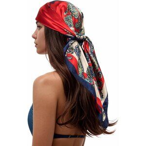 Women's Navy/Beige Head Scarf Like Silk Printed Square Hair Bandanas 35 Inches